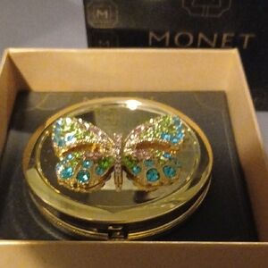 Monet Gold Compact with Blue and Green Jeweled Butterfly
